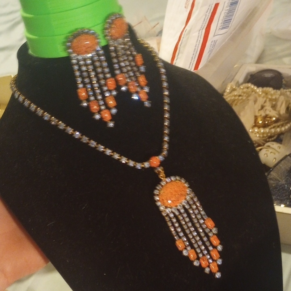 Blue Rhinestone,Pink/Red Faux Stone, Clip On Earrings And Necklace